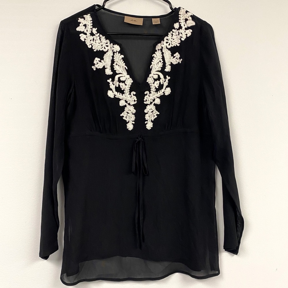 I.E. Black Silk Sheer White Embroidered Top